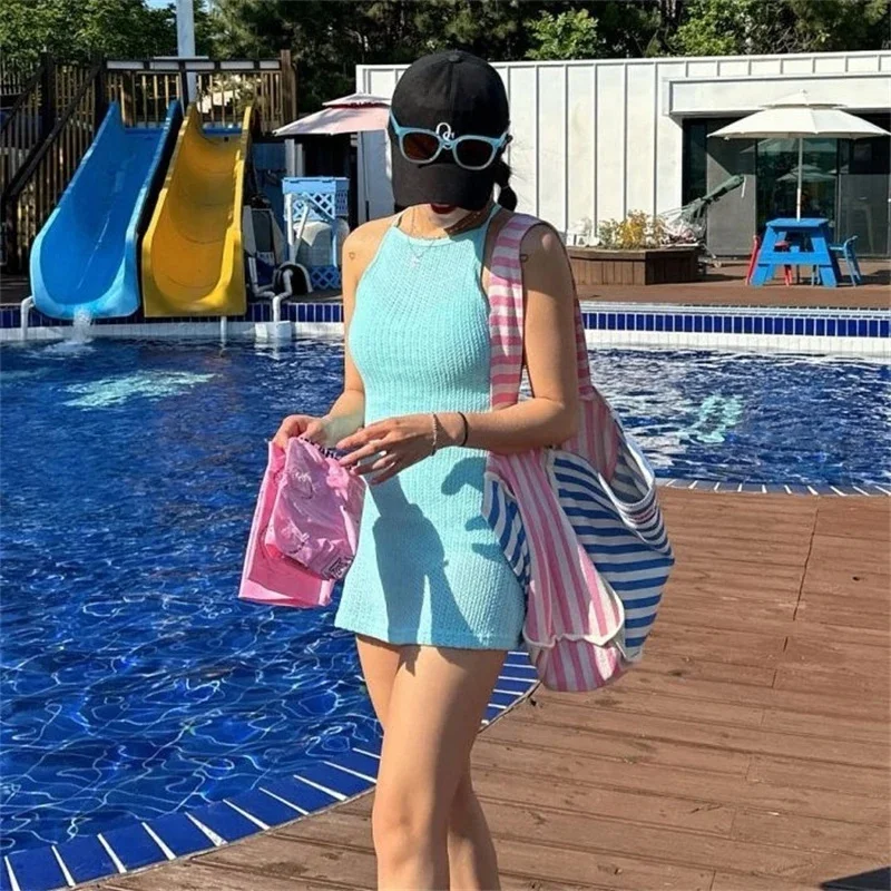 Knitted One Piece Swimsuit Korean Vintage Solid Color Modest Dress Style For Women Pastel Chic Elegant Beach Pool Party Vacation