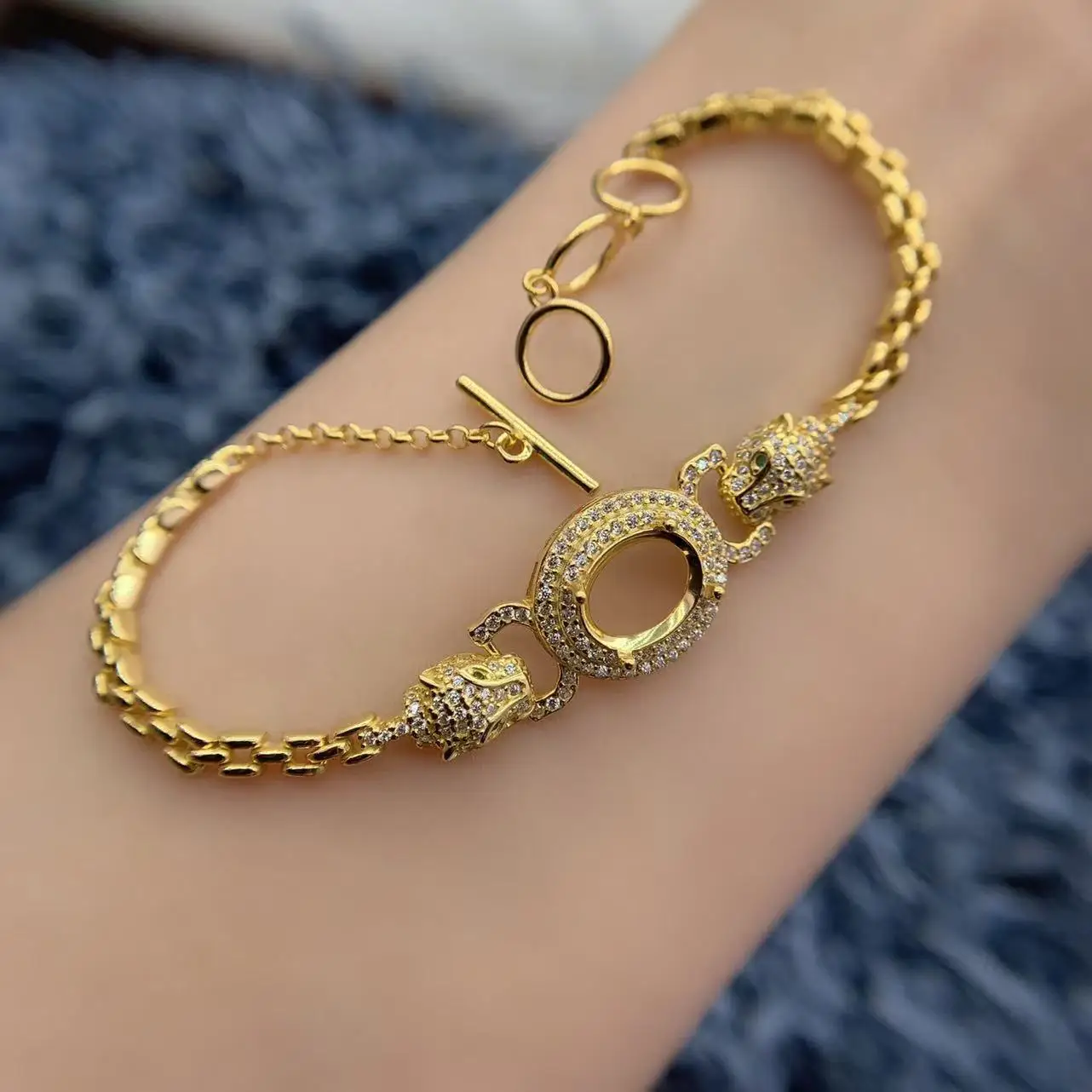 MeiBaPJ Inlay 8*10mm Oval Stone S925 Sterling Silver DIY Empty Bracelet Holder Leopard Head Women Fine Charm Weddings Jewelry