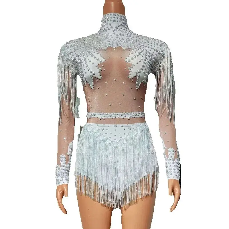 Sexy Pole Dance Clothing Women White Pearls Fringed Bodsyuit Bar Dj Ds Gogo Costume Drag Queen Outfit Stage Party Wear XS9577