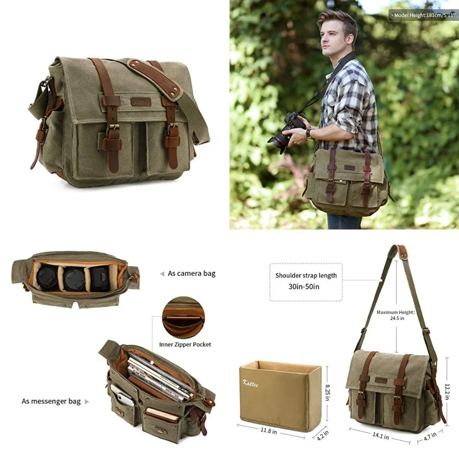 

Kattee Leather Canvas Camera Bag Vintage DSLR SLR Messenger Shoulder Bag
