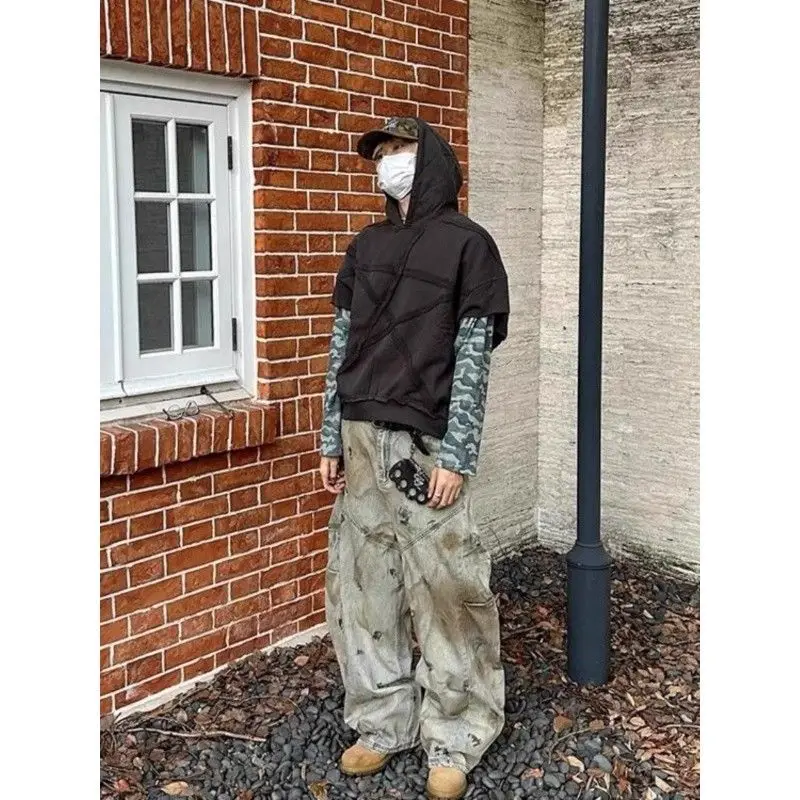 Men's Yellow Mud Dyed Dirty Washed Dirt Casual Baggy Pants Street Style Cool Boy Sweatpants Wide Leg Loose Trousers Male Jeans