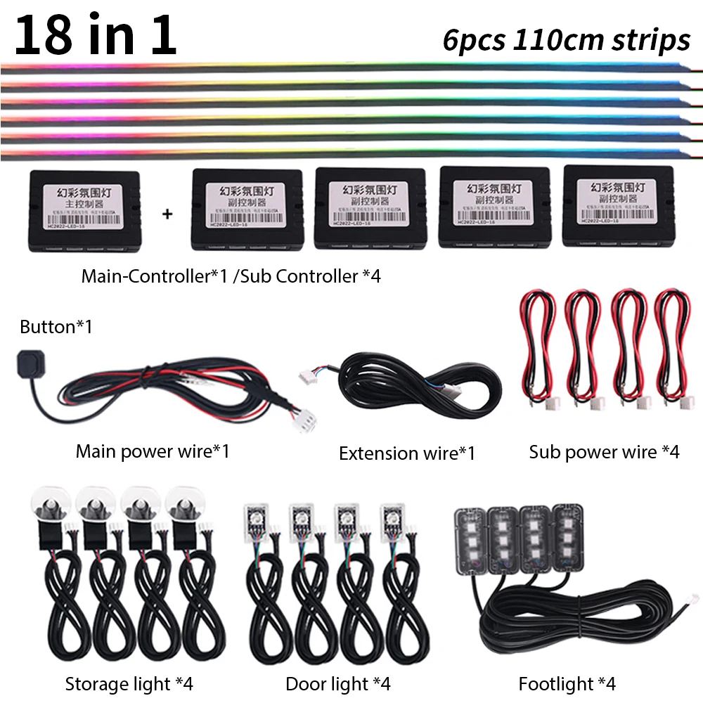 18 in 1 Car LED Ambient Light Upgrade 6pcs 110cm Symphony RGB Acrylic Strip Interior Decorations Atmosphere Lighting App Control