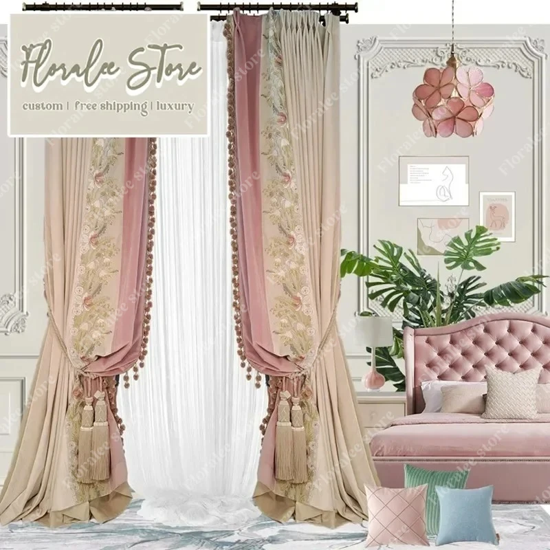

European Style Palace Style Pink Luxury Embroidered Princess Style Curtains For Living Room Bedroom Dining Custom Size Decor
