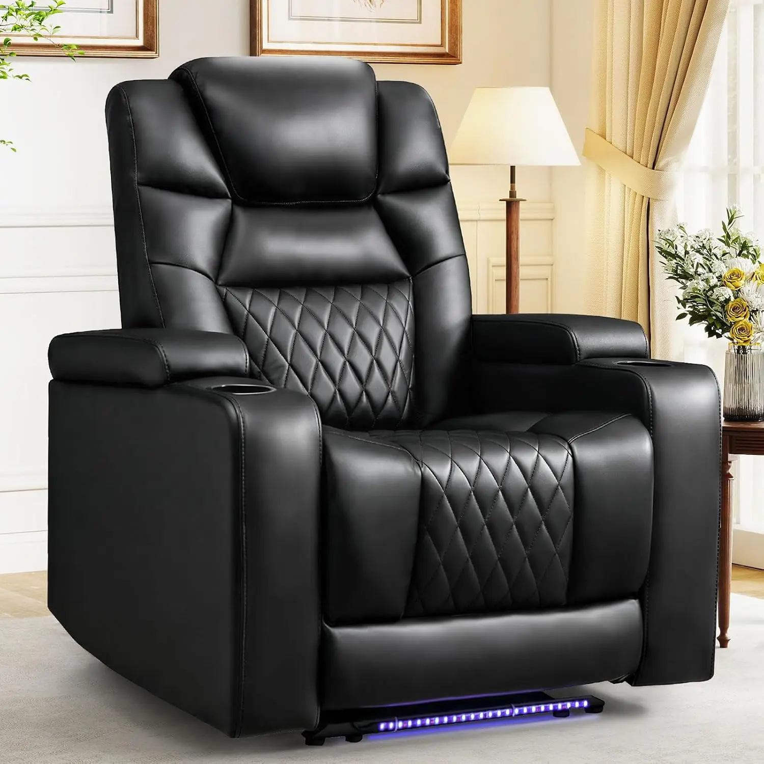PU Leather Power Recliner with USB, Blue Light, Hidden Storage, Cup Holders for Home Theater, Customized