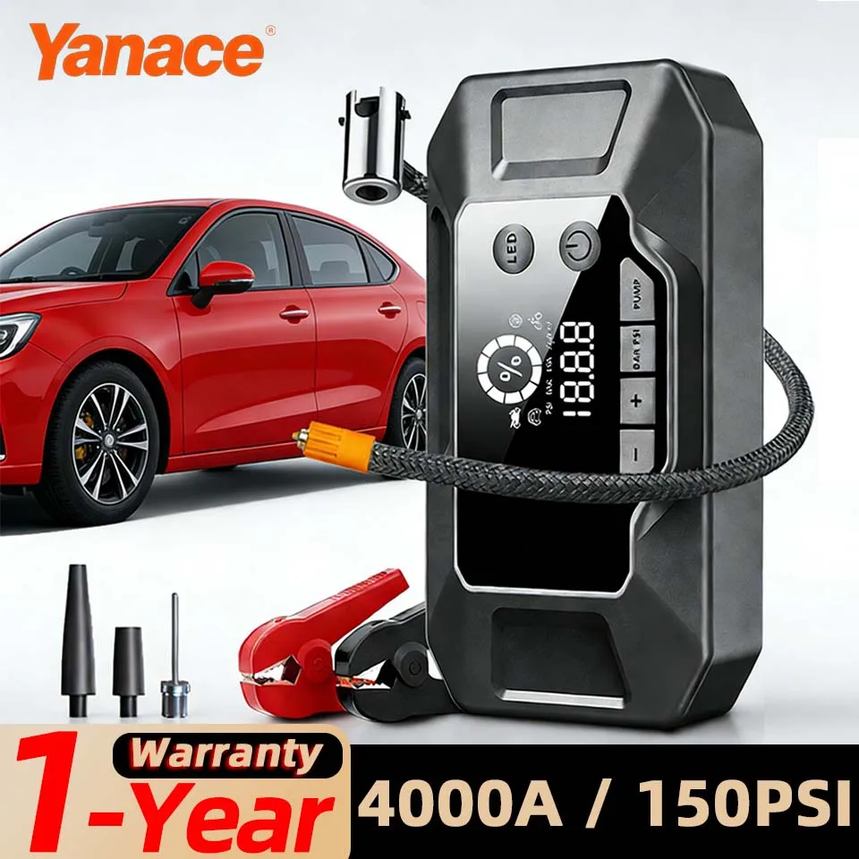 Yanace 4000A Car Jump Starter Power Bank Portable 150PSI Air Pump 3 In 1Outdoor Camping Lights Emergency Boosters