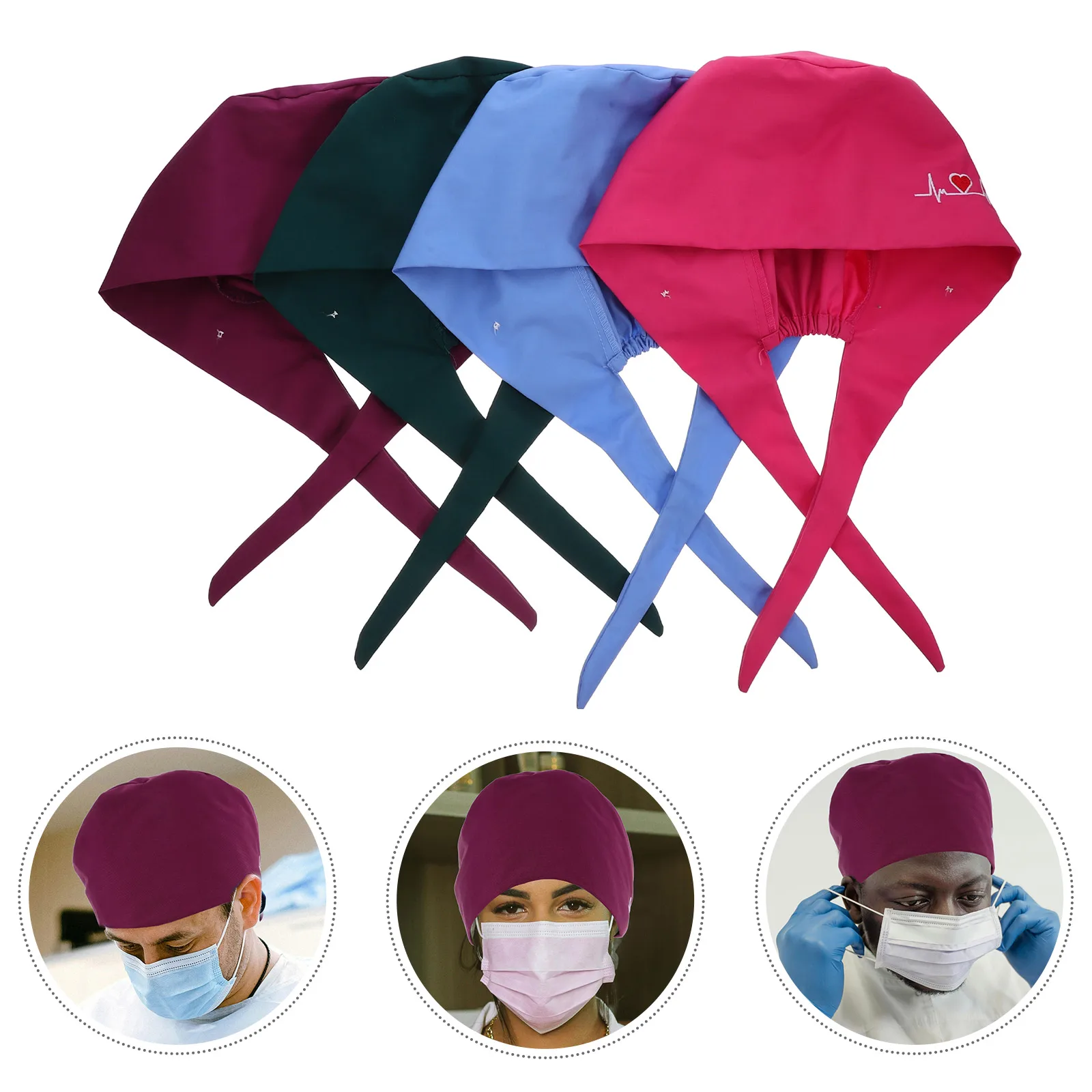 

4Pcs Cotton Hats Unisex Surgical Caps Working Hat Sweatband Breathable Hair Protection Tie Back Easy Wear Long Use