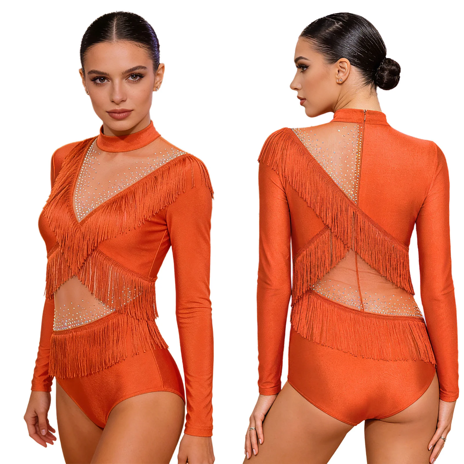 

Womens Acrobatics Gymnastics Leotard Figure Skating Performance Bodysuit Rhinestones Sheer Mesh Long Sleeve Ballet Dance Unitard