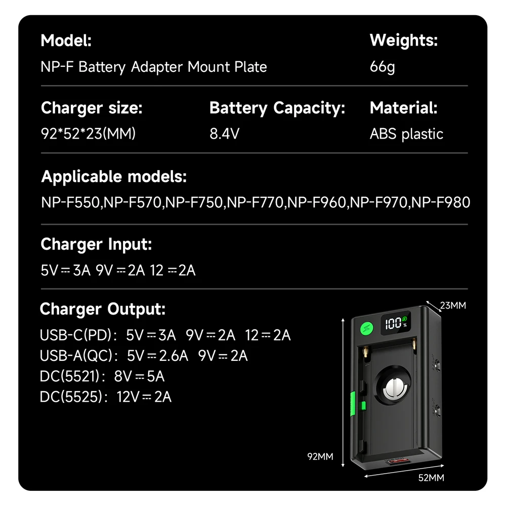 NP-F محول البطارية لوحة شاحن بطارية PD شحن سريع مع مؤشر LCD لسوني NP-F550 F570 F750 F770 F960 F970 F980