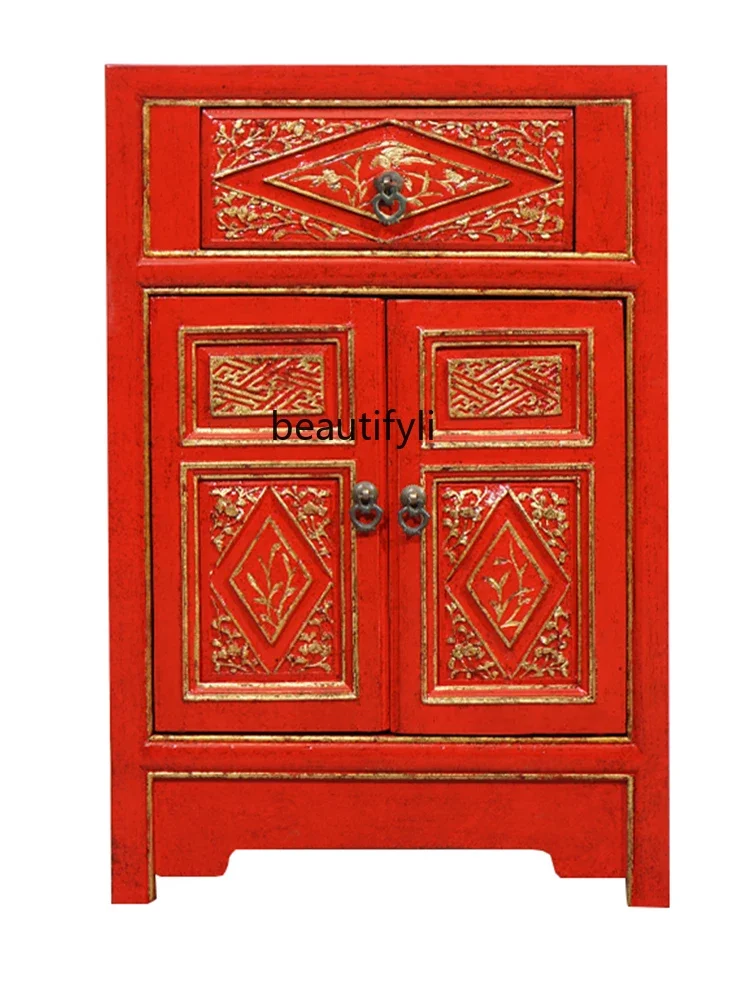 New Chinese Classical Gold Painted Bedside Table Elm Painted Lacquer Storage Curio Cabinet