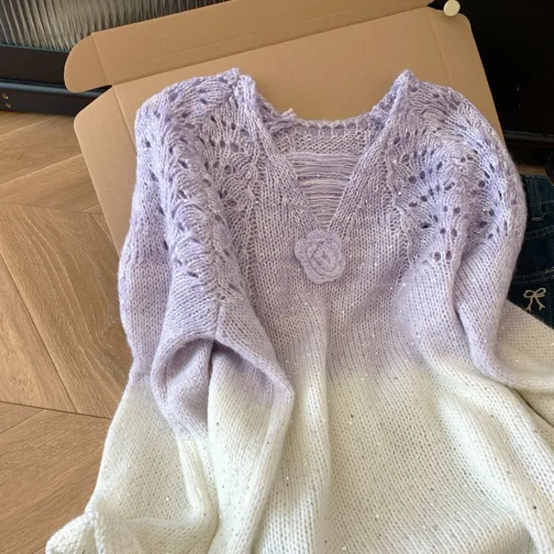 

Long Sleeve Hollow Loose Sequin Purple Gradient Pullover Sweater Women's Knitwear Top