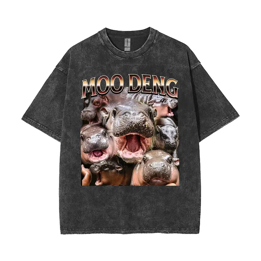 Moo Deng Can't Today I'm Swamped Vintage Washed T Shirt Cute Baby Hippo Funny Meme T-shirt Men Women Casual Loose Oversized Tees