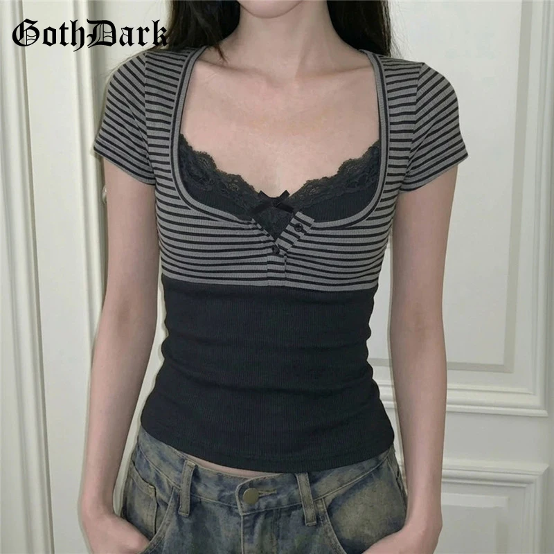 

Goth Dark Knitted Two Piece Sets Cyber Y2K Short Sleeve Striped Crop Tops With Lace Straps Tank Camis Women Trim Gothic Clothing