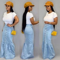 Fishtail Denim Long Skirt Women Full Length Mermaid Trumpet Ruffle Breasted Sexy High Waist Stretchy Skirts 2024 Streetwear