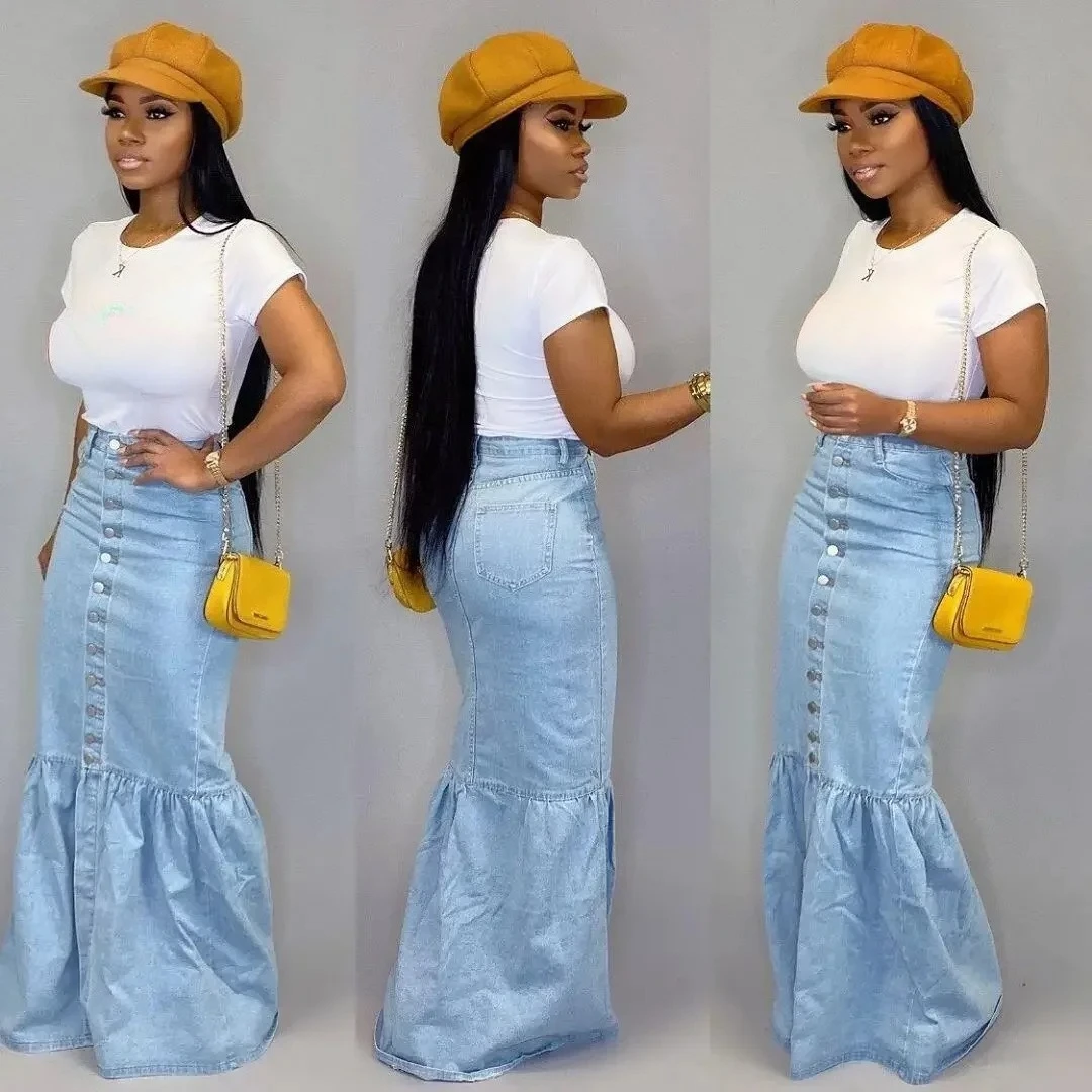 Fishtail Denim Long Skirt Women Full Length Mermaid Trumpet Ruffle Breasted Sexy High Waist Stretchy Skirts 2024 Streetwear
