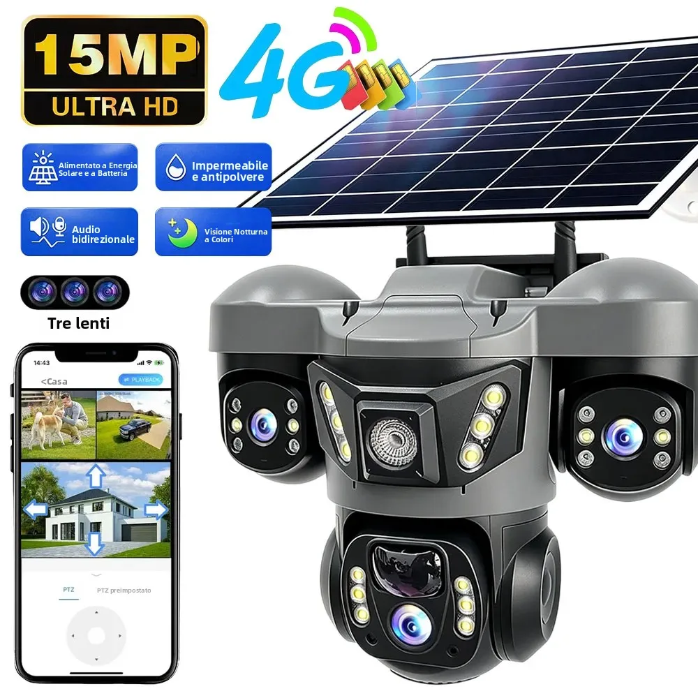 Telecamera solare V380 Pro 4G SIM, 15MP, risoluzione 6K, 3 obiettivi, per esterni, CCTV, impermeabile, visione notturna, interfono bidirezionale, opzi