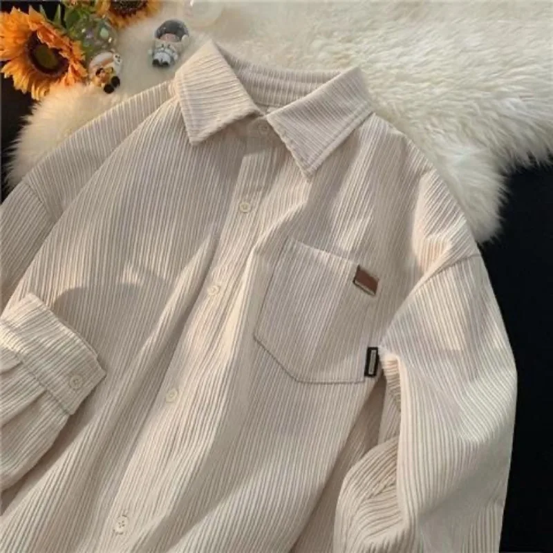 Korean Fashion Long Sleeve Corduroy Sweatshirts Men Clothing Retro Spring and Autumn Casual Turn down Collar Shirts