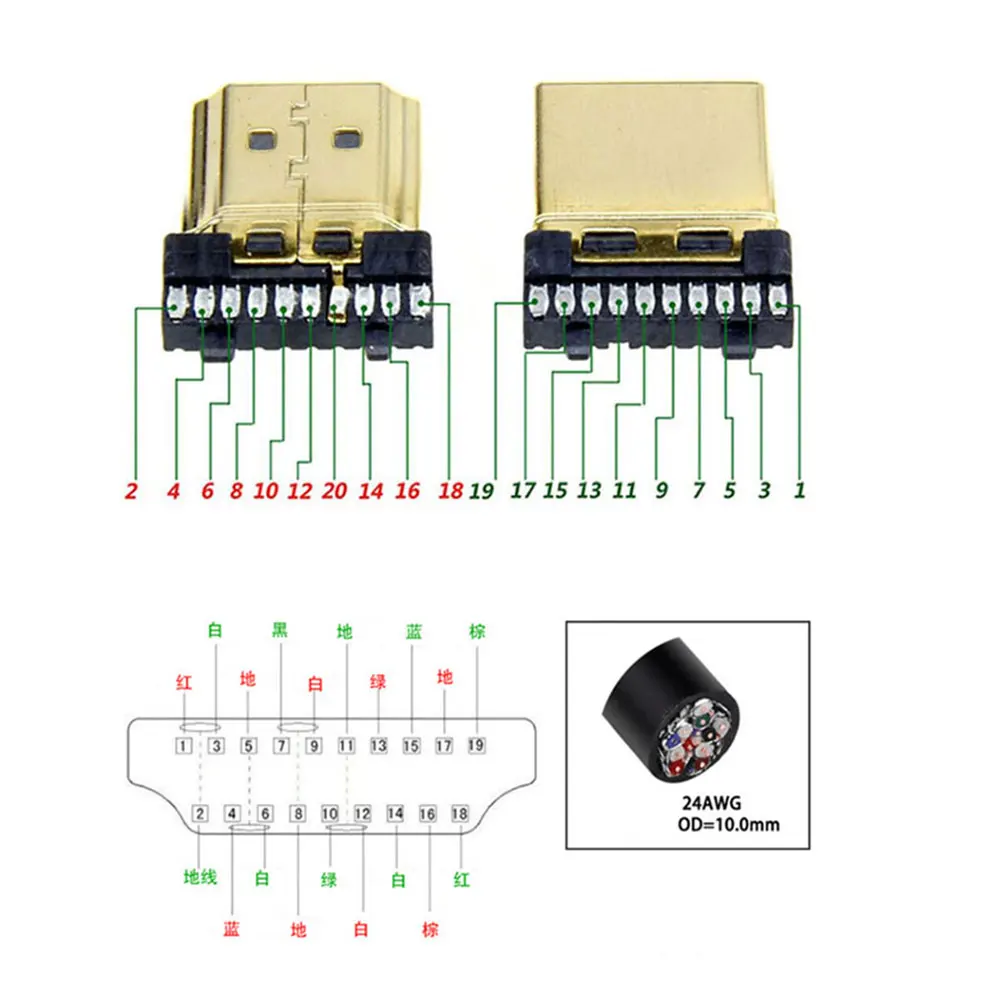 Enchufe macho de soldadura HDMI estándar, Conector de reparación chapado en oro, Tubo termorretráctil, 19 + 1, 1 piezas