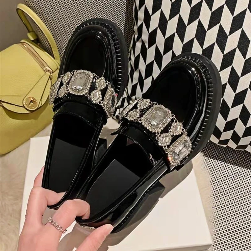 Rhinestone Platform Mary Jane Shoes Women Pumps New Black Thick Bottom Loafers JK Uniforms Fashion Crystal Chunky Loafers Female