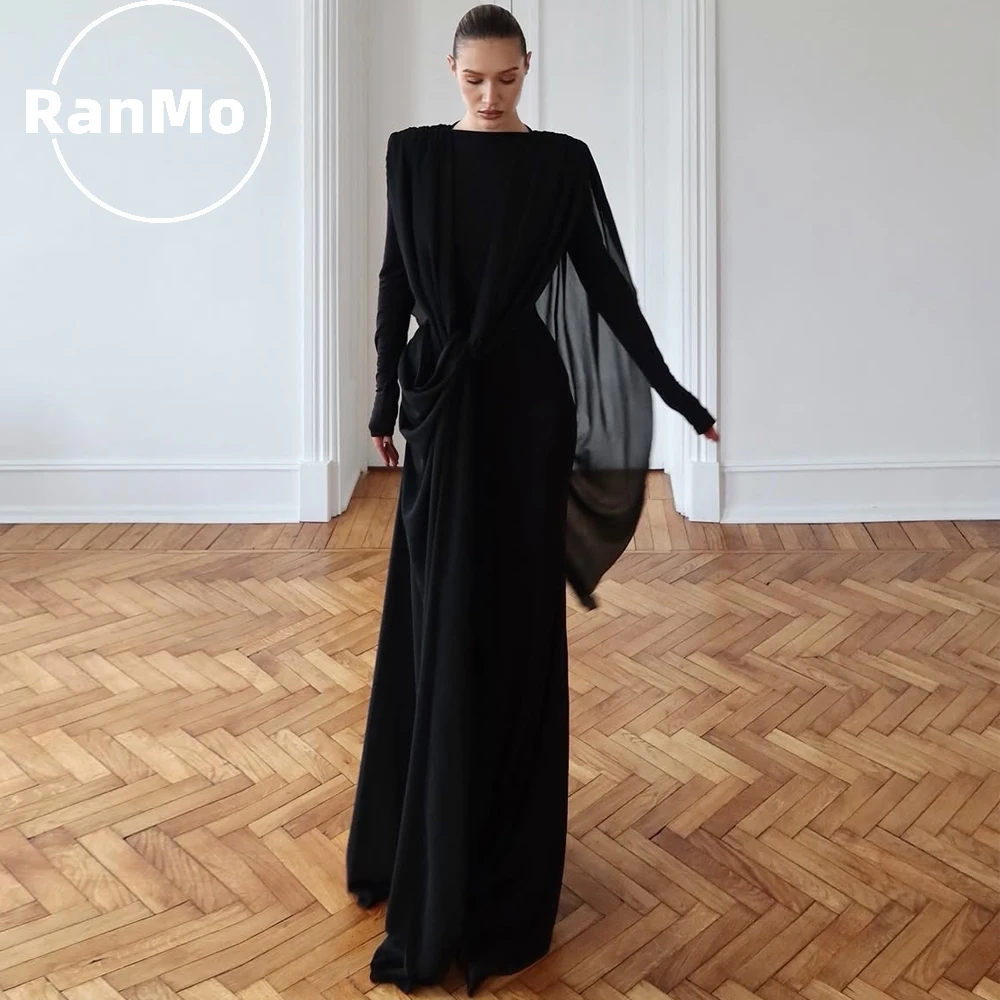 

Ranmo Elegant O-Neck Chiffon Black Formal Occasion Dress 2026 Pleated Floor Length Long Sleeve شارون سعيد Evening Party Dress