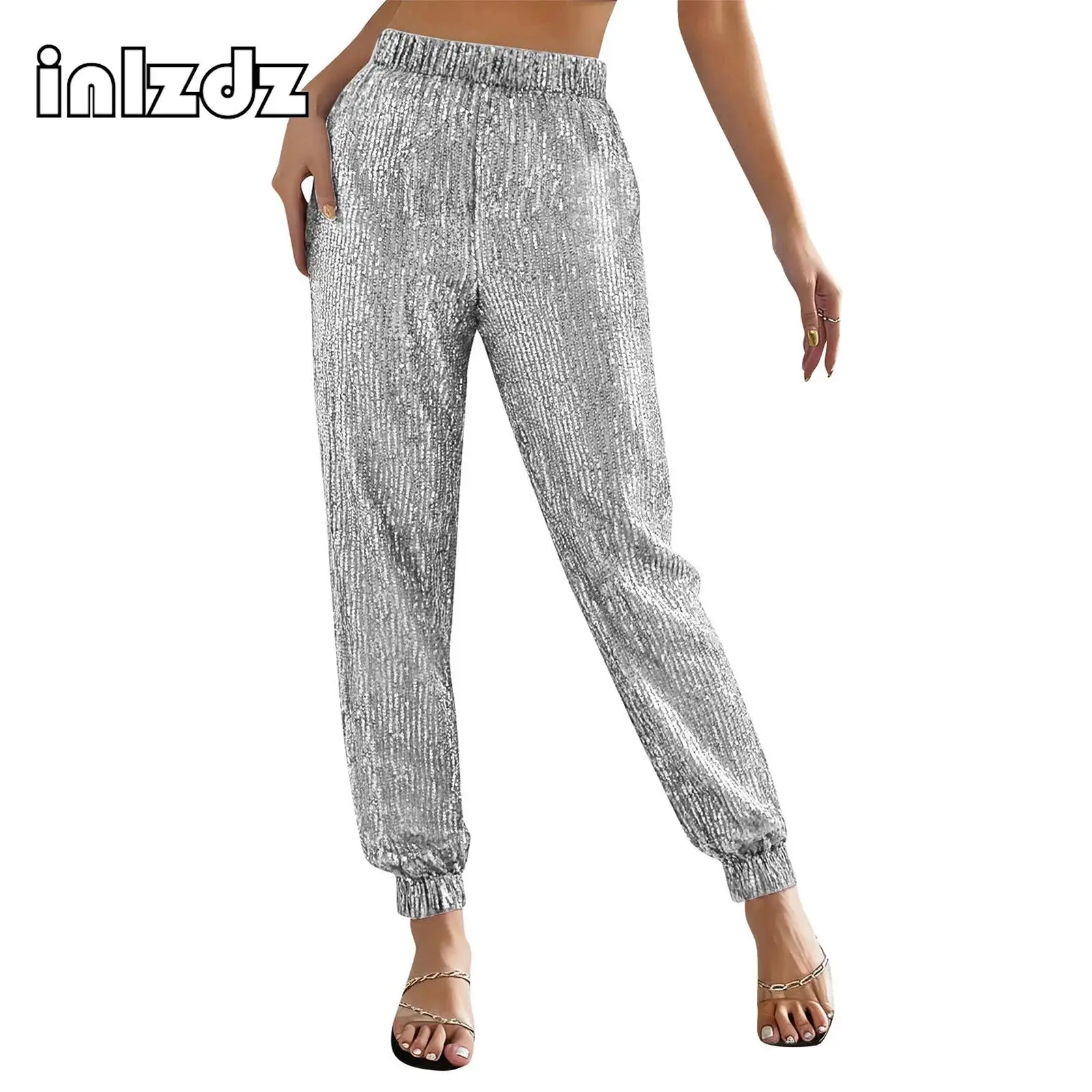 

Adult Women Shiny Sequin Jazz Dance Long Pants Allover Sequin Elastic High Waist Jogger Trousers for Stage Dance Musical Party