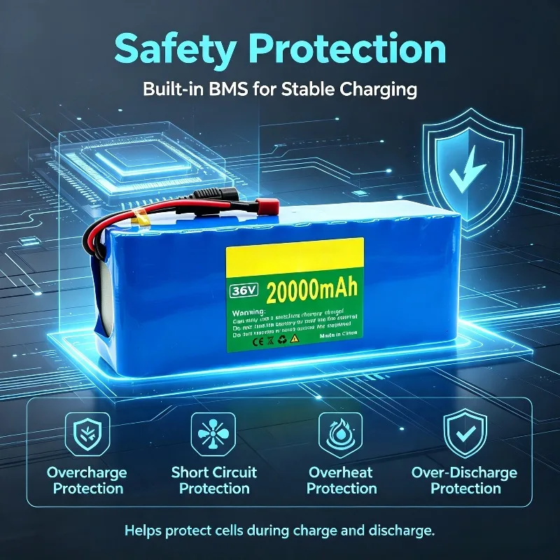 For Electric Bicycle Scooter 36V 20Ah Lithium Ion Battery Pack 10S4P with BMS T‑plug / XT60 Plug Optional with 42V EU Charger