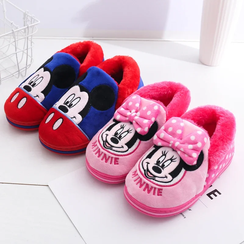 Disney Winter Boys and Girls Lovely Cotton Slippers Mickey mouse Bedroom Household Non slip Children\'s Warm Plush Slippers