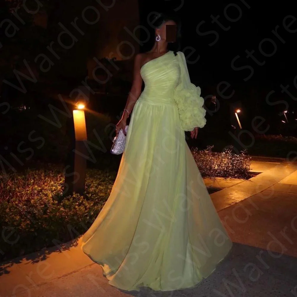 

Customized Gorgeous Yellow Prom Dresses 2025 Wedding Party Dresses One Shoulder Long Sleeve Evening Gowns Flowers Pleated