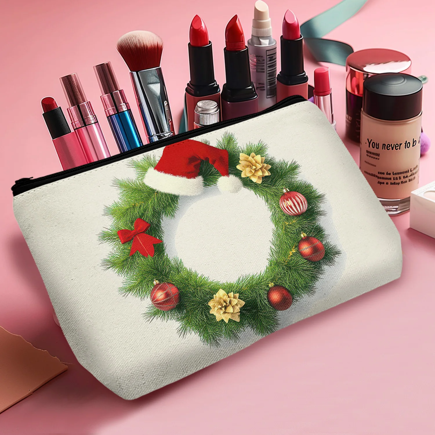 1Pc Festive Christmas Makeup Storage Bag Durable Zippered Cosmetic Toiletry Organizer With Santa Hat Design A 8.66X5.51Inch