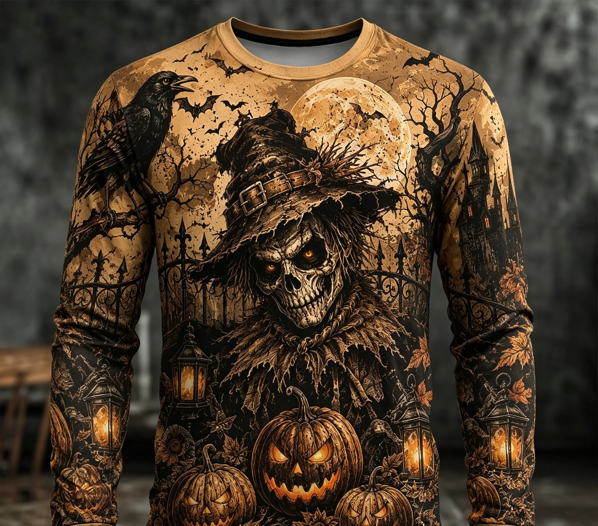 Men Vintage Halloween Long Sleeve T-shirt Grim Reaper Scarecrow Pumpkin Crow Graphic Crewneck Gothic Streetwear Top