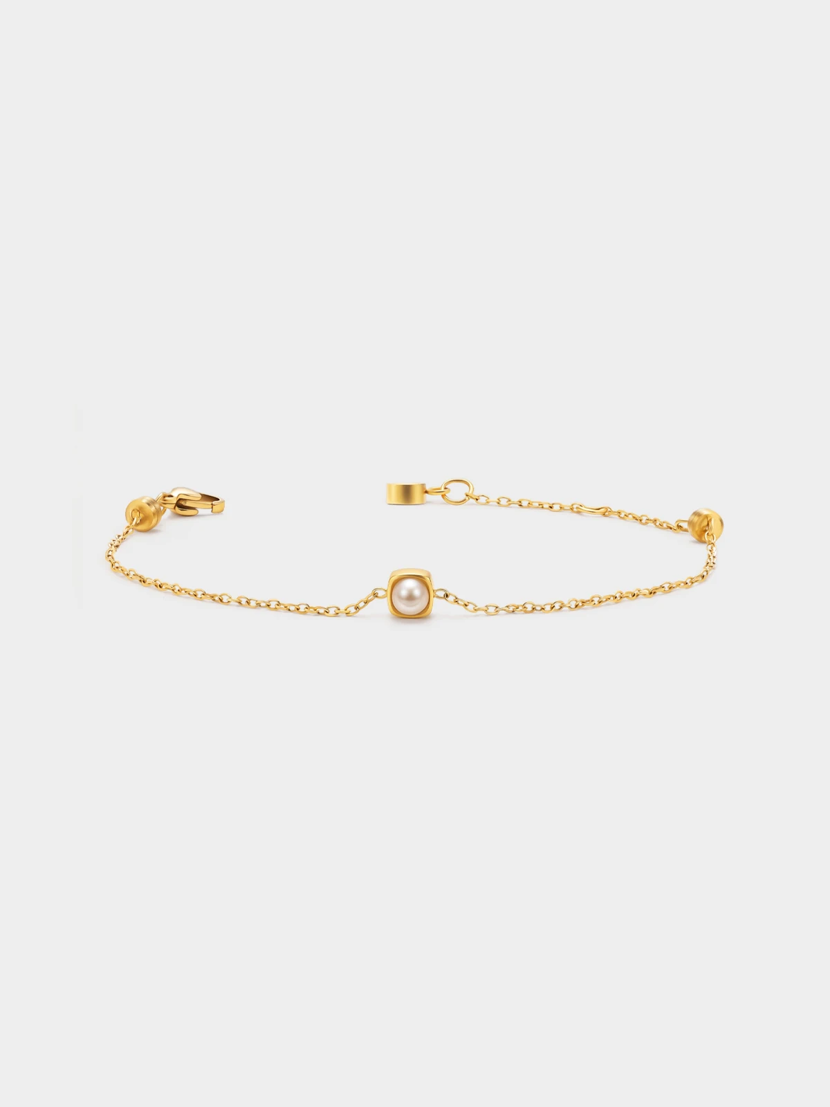 18K Gold Plated Baby Pearl Station Bracelet for Women Dainty Square Bezel Adjustable Chain Jewelry