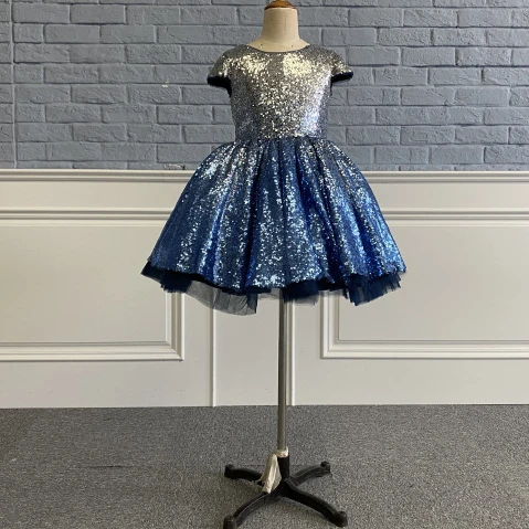 

New High Quality Blue Sequins Short Sleeve Tiered Backless Bow Long Ruffles Flower Girl Dresses Wedding Kids