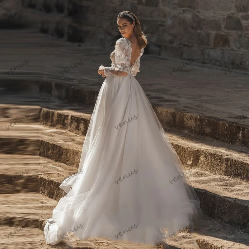 Gorgeous Wedding Dresses Princess Bridal Gowns Lace Appliques Full Sleeves Backless A-Line Robes Elegant Vestidos De Novia 2024