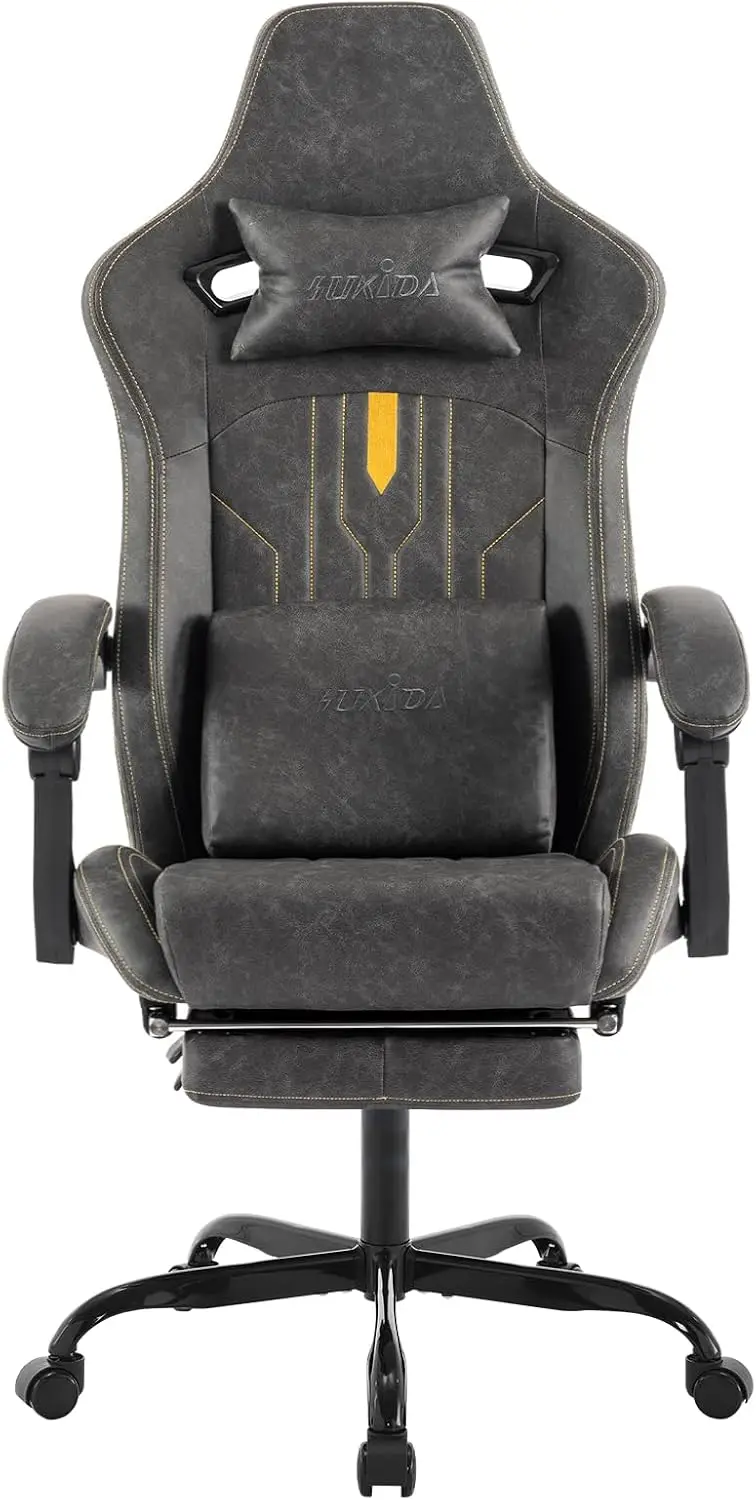Gaming Chair with Footrest Ergonomic Computer Chair Massage Lumbar Cushion, Racing Video Game Chair Adjustable Rocker Recliner Executive Office Desk Chair Pu Leather for Adults, Grey