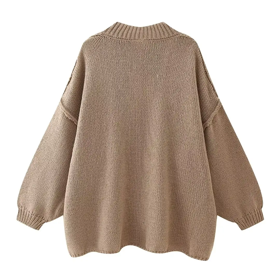 Pull à manches longues avec col rond pour femme, vêtements monochromes avec boutons, pull en Y à la mode, automne et hiver