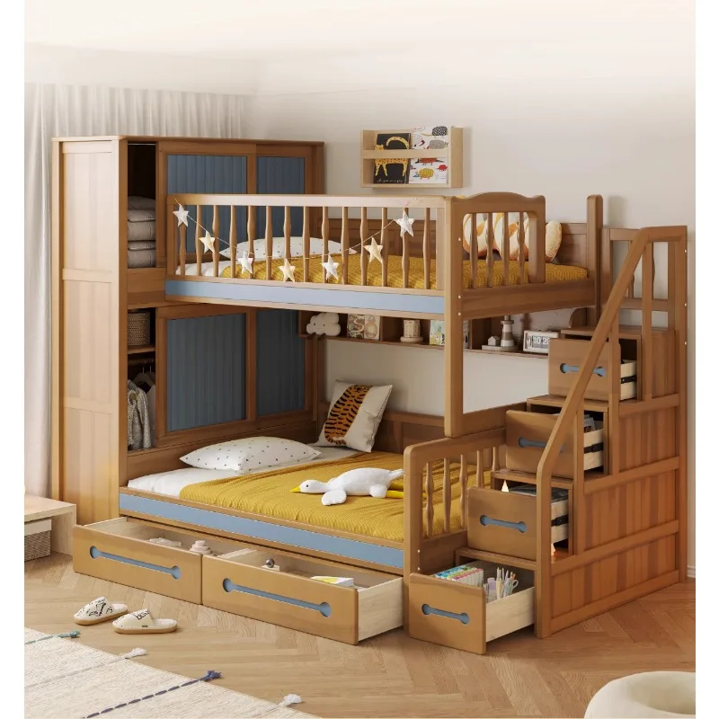 Pure solid wood children's bed bunk  bunkhigh and low  mother and child with wardrobe parallel adult storage