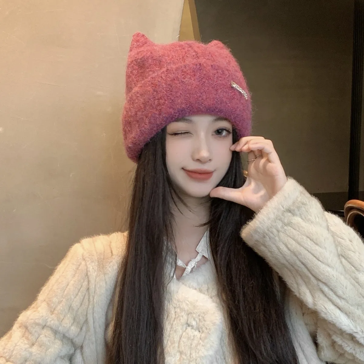 Funny Cat Ear Hat For Women Winter Soft Beanies Cap Student Fashion Kpop Earflap Knitted Skullies Caps Streewear Bonnets