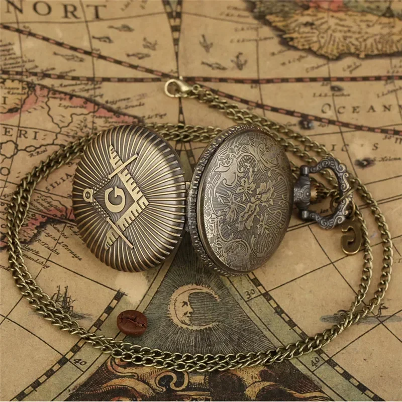 Masonic Pocket Watch Freemasonry Quartz Timepiece with G Symbol Classic Collectible Pendant Chain Clock Masonic Gift Reloj