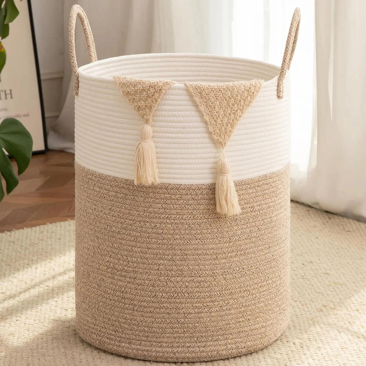 

60L Cotton Rope Woven Laundry Basket - Tall Storage Hamper for Blankets, Toys, Clothes, with Long Handles