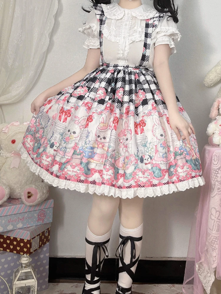 Japanese Kawaii Lolita Style Women Jsk Skirt Summer Plaid Rose Garden Rabbit Cartoon Print Half Skirt Set Carrying Strap Skirts