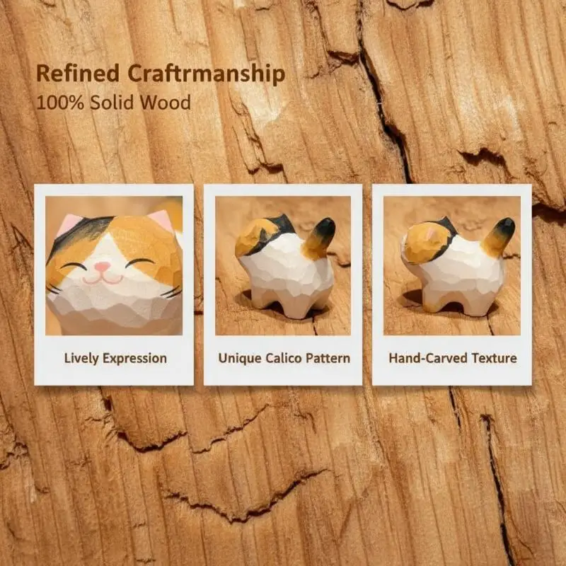 Kawaii Calico Cat Wood Figurines Handcraved Wooden Statue Desk Home Office Decor Gift For Cat Lovers
