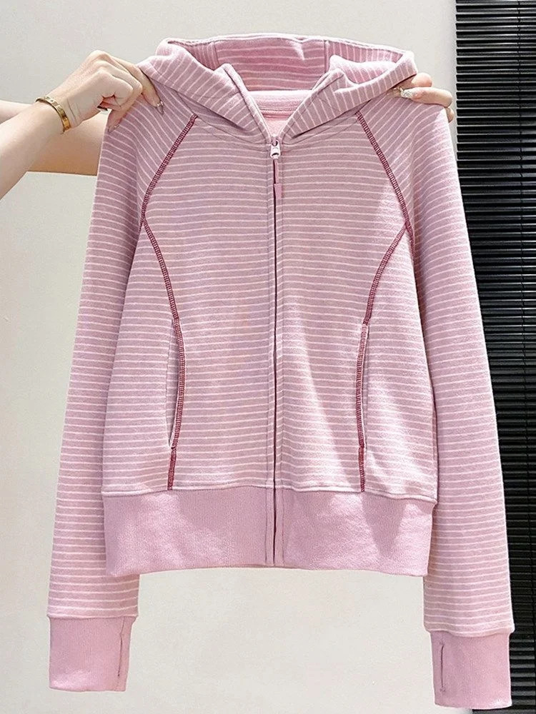Blue Striped Hooded Zipper Cardigan Women's Casual Outerwear Top Color Block Bright Stitch Small Size Autumn New Arrival