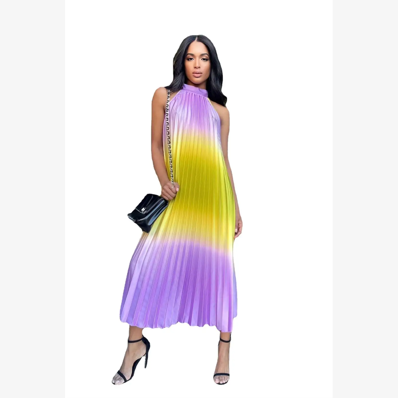 Femmes Svel bicolore rue Sle a-ligne Dr décontracté adual coloration taille ample polies T-shirt tissu jupe Midi