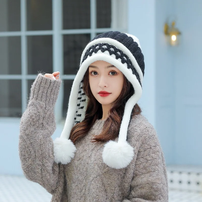 Women Winter Peruvian Cover Ears Beanie Hat Ear Flaps Sherpa Ski Snow Hats Knit Fleece Lined 3 Pom Pom