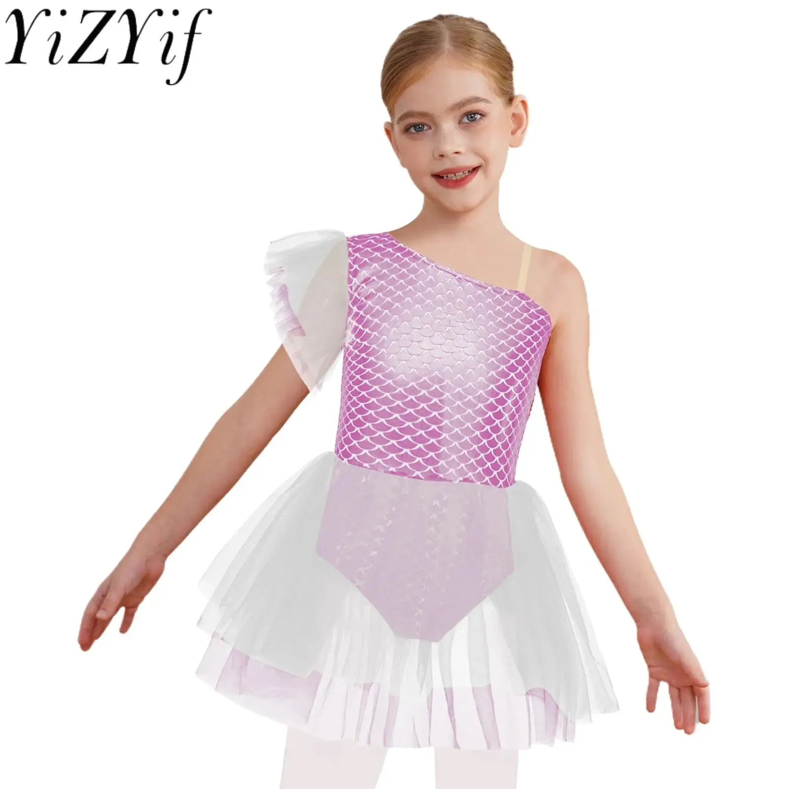 

Girls Kids Shiny Swan Ballet Ballerina Dance Dresses Mermaid Fish Scales Print Tutu Dress for Ballet Stage Dance Performance