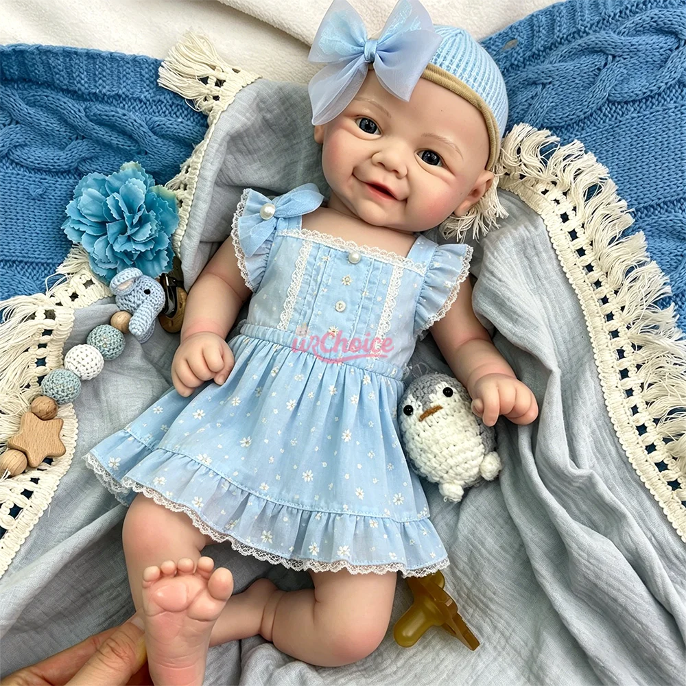 Blue Eyes 17Inch Full Body Silicone Reborn Doll Hand Painted Veins Reborn Doll Lifelike Smiling Newborn For Collectible Art Doll