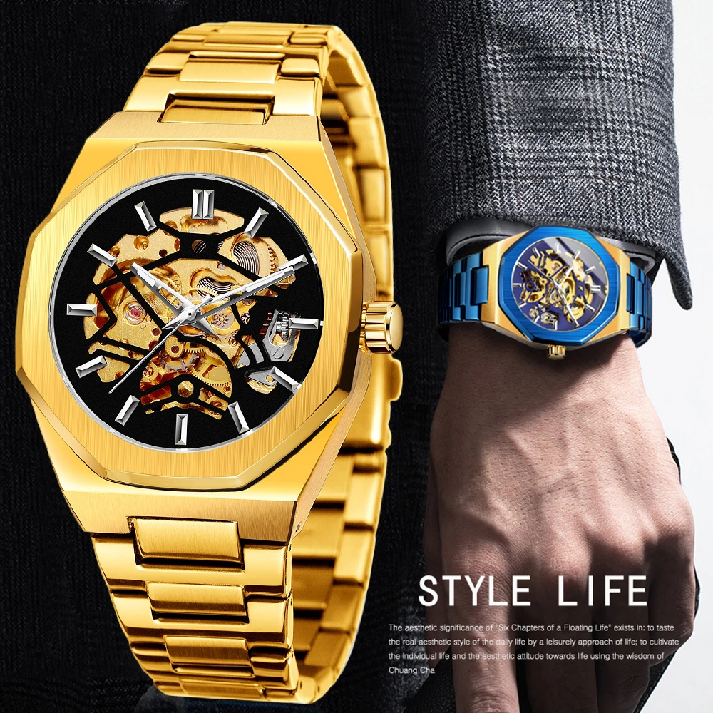 FORSINING Trendy Mens Watches Skeleton Polygon Automatic Mechanical Watch Luminous Pointer Casual Man Formal Business Wristwatch