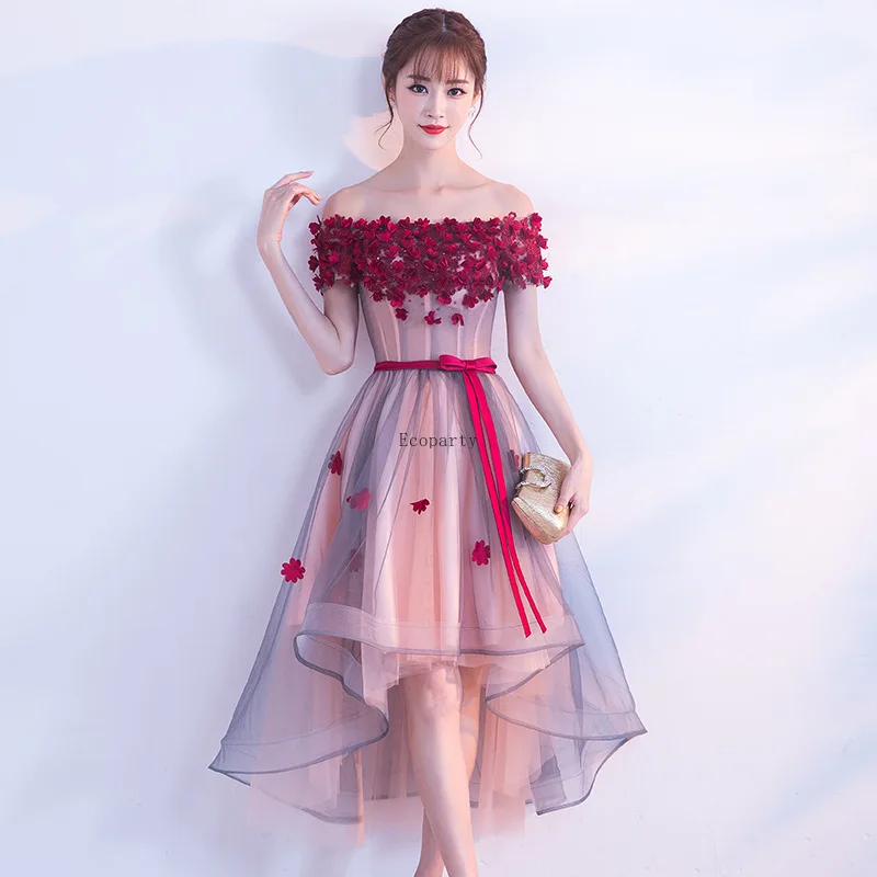 

2025 new High Low New Flowers Bridesmaid Dresses Plus Size Elegant Boat Neck Short Sleeves Pearls Robe De Soiree Princess Gown