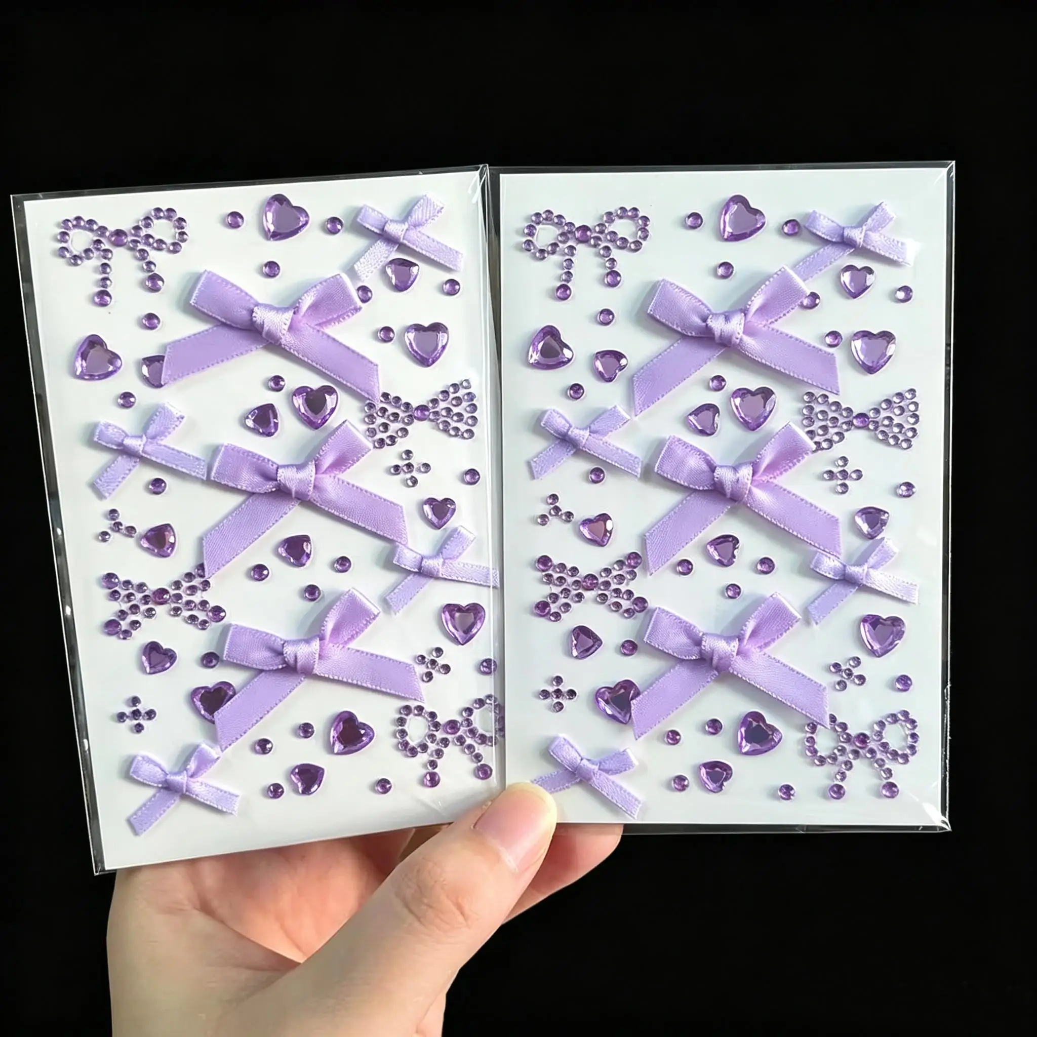 2Pcs Purple Heart Bowknot Face Gem Tattoos Stickers Silk Ribbon Love Crystal Tattoo Decal DIY Eye/Body Makeup Decor Rhinestones