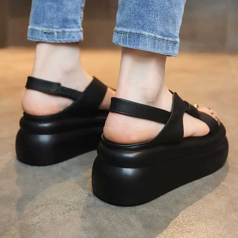 Women Leather Sandals 7CM Summer Shoes New 2024 High Platform Cross-strap Slides Fashion Casual Sandals Beach Chunky Slippers