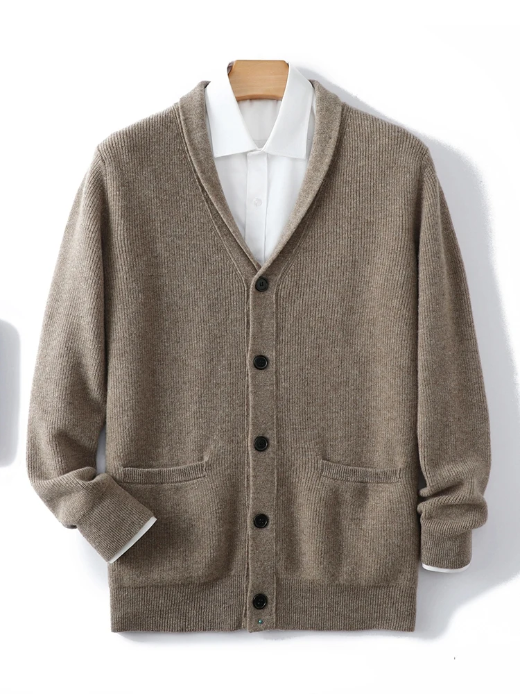 

Man Clothing Thick Tun-Down Collar Cardigan Sweater Autumn Winter 100% Merino Wool Knitwear Long Sleeve Overcoat Smart Casual